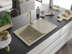 Mexen Bruno zlewozmywak granitowy 1-komorowy z ociekaczem 795 x 495 mm, beżowy, syfon złoty - 6513791010-69-G