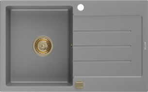 Mexen Bruno zlewozmywak granitowy 1-komorowy z ociekaczem 795 x 495 mm, szary, syfon złoty - 6513791010-71-G