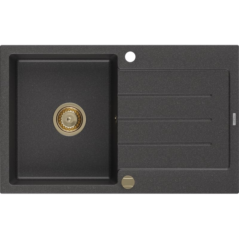 Mexen Bruno zlewozmywak granitowy 1-komorowy z ociekaczem 795 x 495 mm, czarny nakrapiany, syfon złoty - 6513791010-76-G