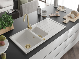 Mexen Andres zlewozmywak granitowy 1,5-komorowy z ociekaczem 1000 x 500 mm, biały, syfon złoty - 6515101510-20-G