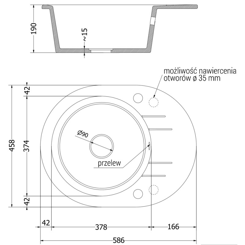 Mexen Kevin zlewozmywak granitowy 1-komorowy z ociekaczem 586 x 458 mm, biały, syfon złoty - 6517581005-20-G