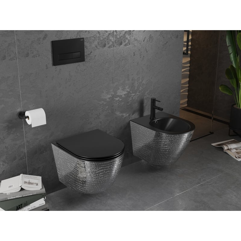 Mexen Lena miska wc Rimless z deską wolnoopadającą slim, duroplast, czarna mat/srebrna wzór łuski - 30224072