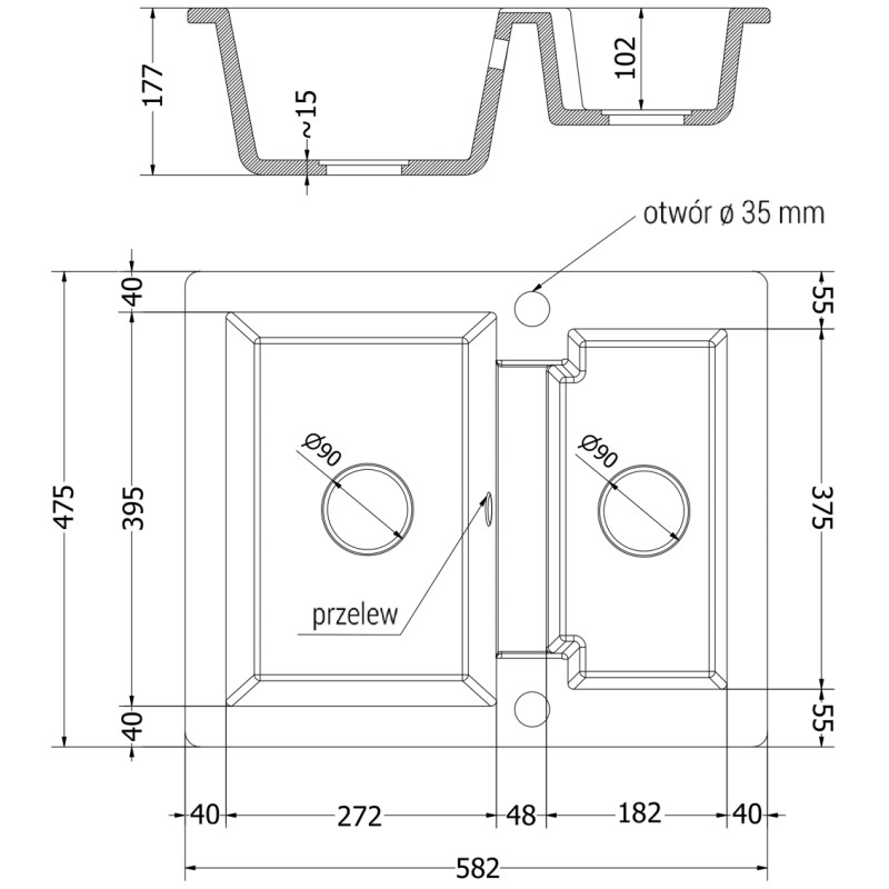 Mexen Carlos zlewozmywak granitowy 1,5-komorowy 582 x 475 mm, czarny/złoty metalik, syfon złoty - 6518581500-75-G