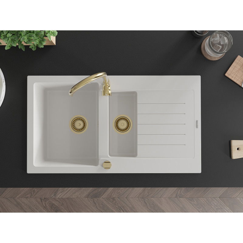 Mexen Matias zlewozmywak granitowy 1,5-komorowy z ociekaczem 900 x 505 mm, biały, syfon złoty - 6502901505-20-G
