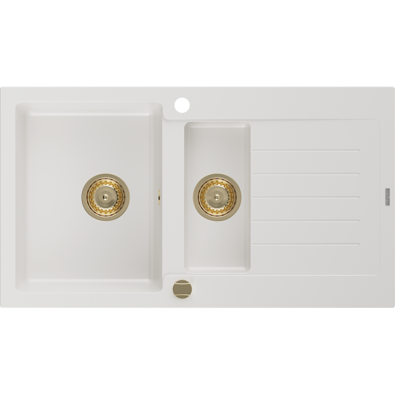 Mexen Matias zlewozmywak granitowy 1,5-komorowy z ociekaczem 900 x 505 mm, biały, syfon złoty - 6502901505-20-G
