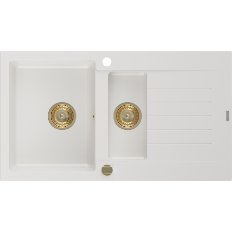 Mexen Matias zlewozmywak granitowy 1,5-komorowy z ociekaczem 900 x 505 mm, biały, syfon złoty - 6502901505-20-G