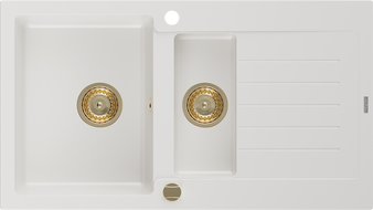 Mexen Matias zlewozmywak granitowy 1,5-komorowy z ociekaczem 900 x 505 mm, biały, syfon złoty - 6502901505-20-G