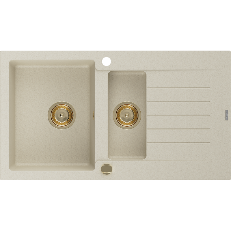 Mexen Matias zlewozmywak granitowy 1,5-komorowy z ociekaczem 900 x 505 mm, beżowy, syfon złoty - 6502901505-69-G