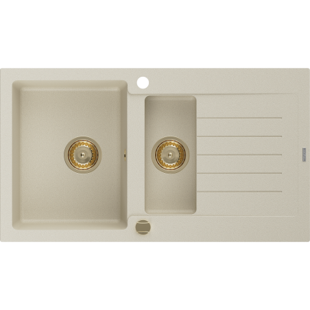Mexen Matias zlewozmywak granitowy 1,5-komorowy z ociekaczem 900 x 505 mm, beżowy, syfon złoty - 6502901505-69-G