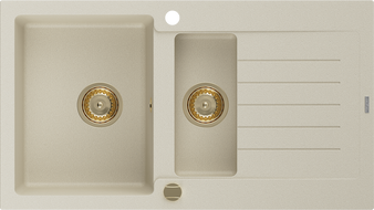 Mexen Matias zlewozmywak granitowy 1,5-komorowy z ociekaczem 900 x 505 mm, beżowy, syfon złoty - 6502901505-69-G