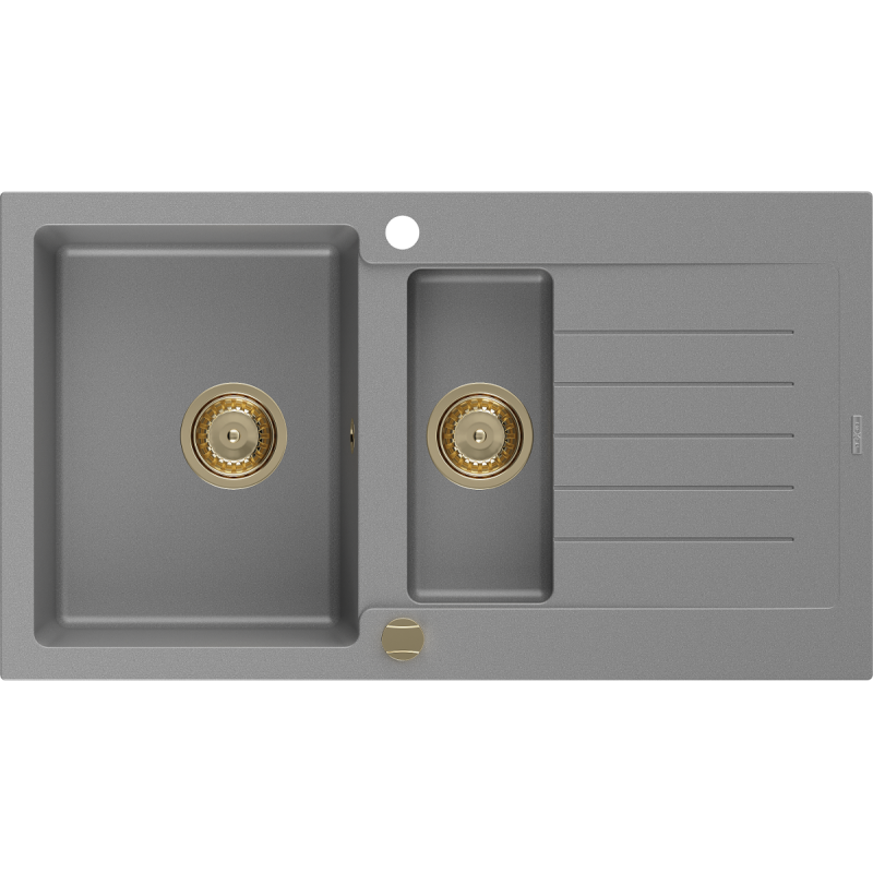 Mexen Matias zlewozmywak granitowy 1,5-komorowy ociekaczem 900 x 505 mm, szary, syfon złoty - 6502901505-71-G