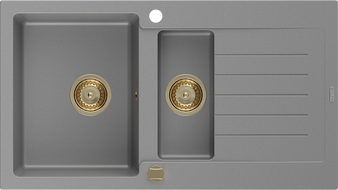 Mexen Matias zlewozmywak granitowy 1,5-komorowy ociekaczem 900 x 505 mm, szary, syfon złoty - 6502901505-71-G