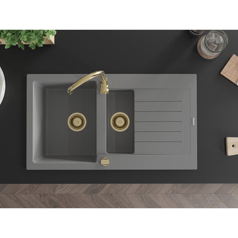 Mexen Matias zlewozmywak granitowy 1,5-komorowy ociekaczem 900 x 505 mm, szary, syfon złoty - 6502901505-71-G