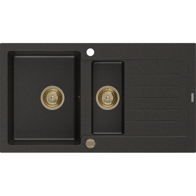 Mexen Matias zlewozmywak granitowy 1,5-komorowy z ociekaczem 900 x 505 mm, czarny/złoty metalik, syfon złoty - 6502901505-75-G