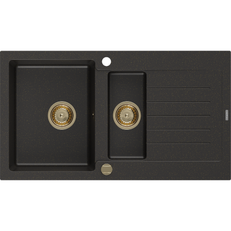 Mexen Matias zlewozmywak granitowy 1,5-komorowy z ociekaczem 900 x 505 mm, czarny/złoty metalik, syfon złoty - 6502901505-75-G