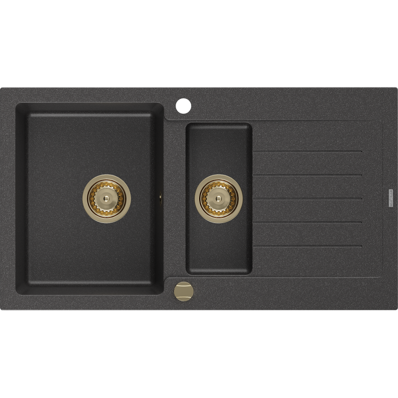Mexen Matias zlewozmywak granitowy 1,5-komorowy z ociekaczem 900 x 505 mm, czarny nakrapiany, syfon złoty - 6502901505-76-G