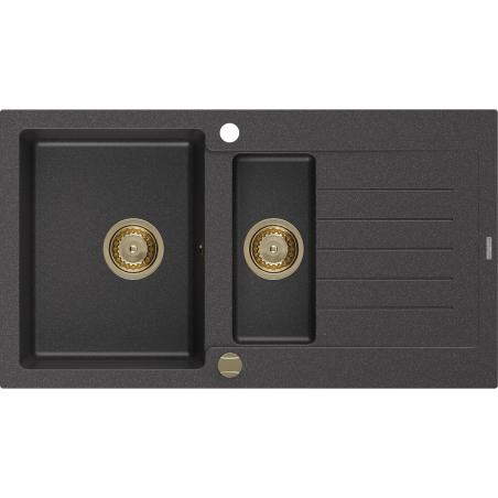 Mexen Matias zlewozmywak granitowy 1,5-komorowy z ociekaczem 900 x 505 mm, czarny nakrapiany, syfon złoty - 6502901505-76-G