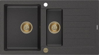 Mexen Matias zlewozmywak granitowy 1,5-komorowy z ociekaczem 900 x 505 mm, czarny nakrapiany, syfon złoty - 6502901505-76-G