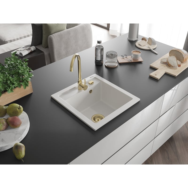 Mexen Vito zlewozmywak granitowy 1-komorowy 520 x 490 mm, biały, syfon złoty - 6503521000-20-G