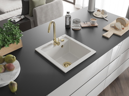 Mexen Vito zlewozmywak granitowy 1-komorowy 520 x 490 mm, biały, syfon złoty - 6503521000-20-G