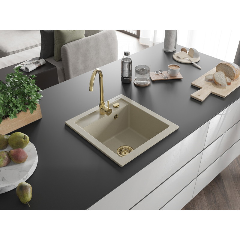 Mexen Vito zlewozmywak granitowy 1-komorowy 520 x 490 mm, beżowy, syfon złoty - 6503521000-69-G