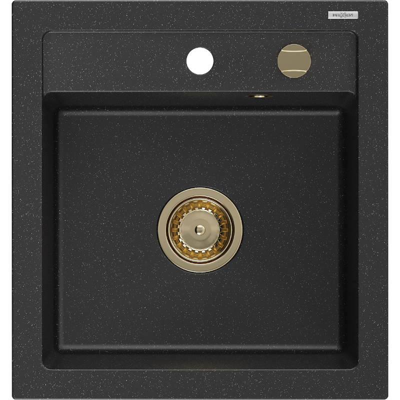 Mexen Vito zlewozmywak granitowy 1-komorowy 520 x 490 mm, czarny/srebrny metalik, syfon złoty - 6503521000-73-G