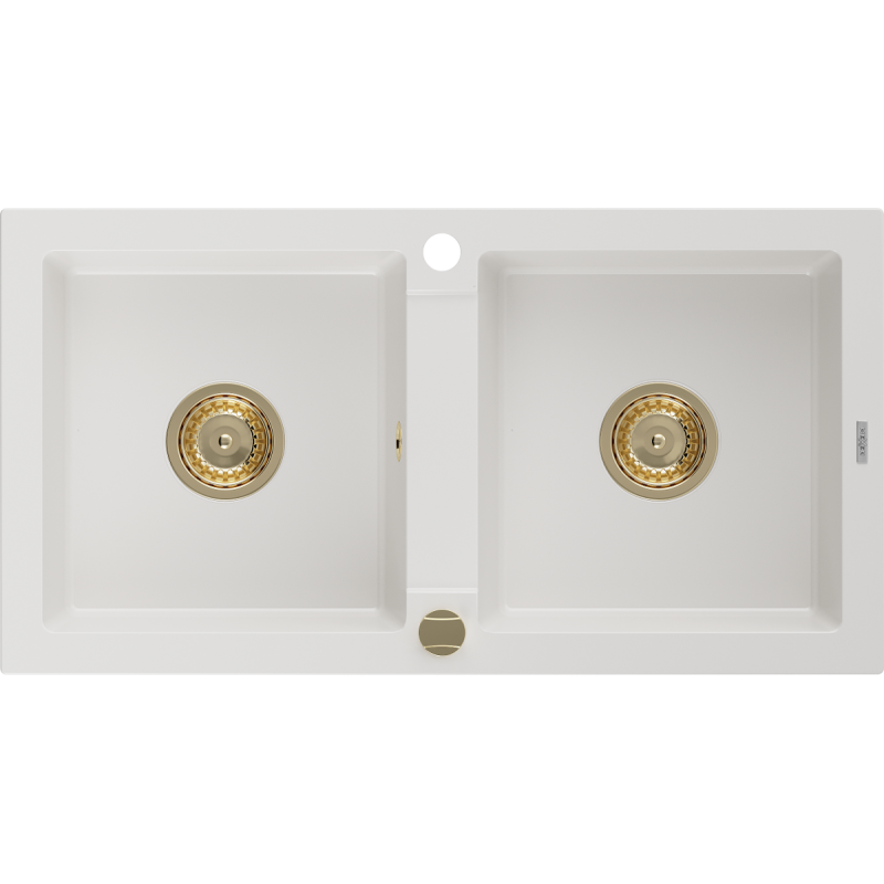 Mexen Mario zlewozmywak granitowy 2-komorowy 820 x 436 mm, biały, syfon złoty - 6504822000-20-G