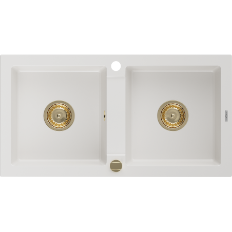 Mexen Mario zlewozmywak granitowy 2-komorowy 820 x 436 mm, biały, syfon złoty - 6504822000-20-G