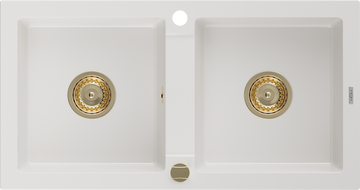 Mexen Mario zlewozmywak granitowy 2-komorowy 820 x 436 mm, biały, syfon złoty - 6504822000-20-G