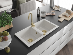 Mexen Mario zlewozmywak granitowy 2-komorowy 820 x 436 mm, biały, syfon złoty - 6504822000-20-G