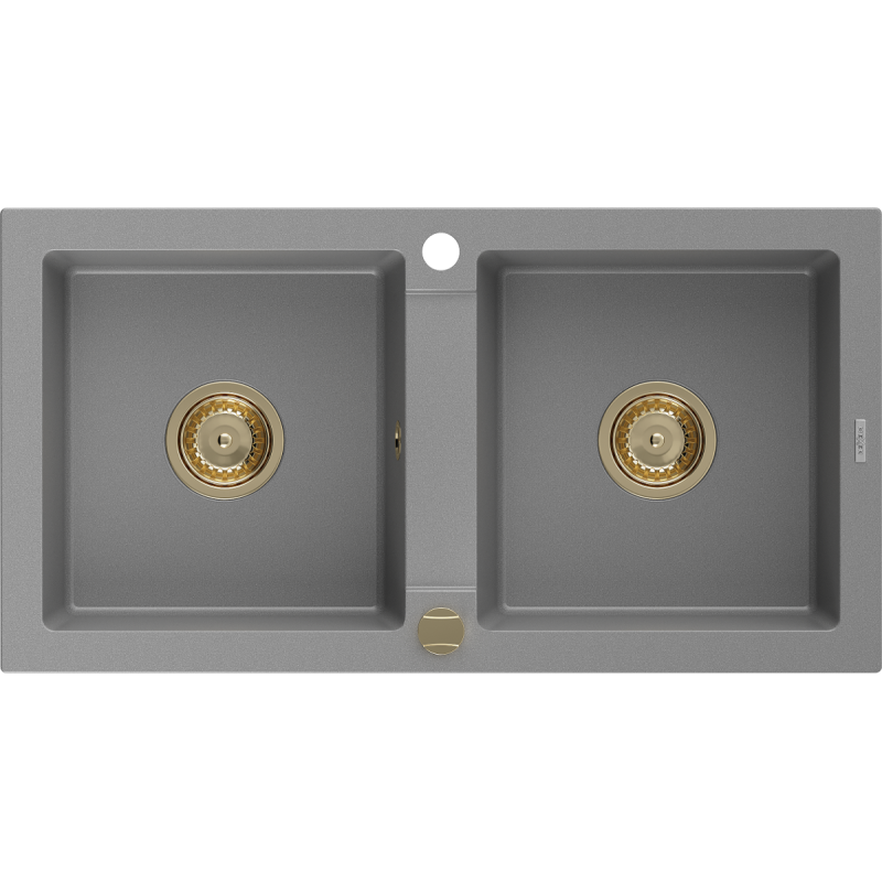 Mexen Mario zlewozmywak granitowy 2-komorowy 820 x 436 mm, szary, syfon złoty - 6504822000-71-G