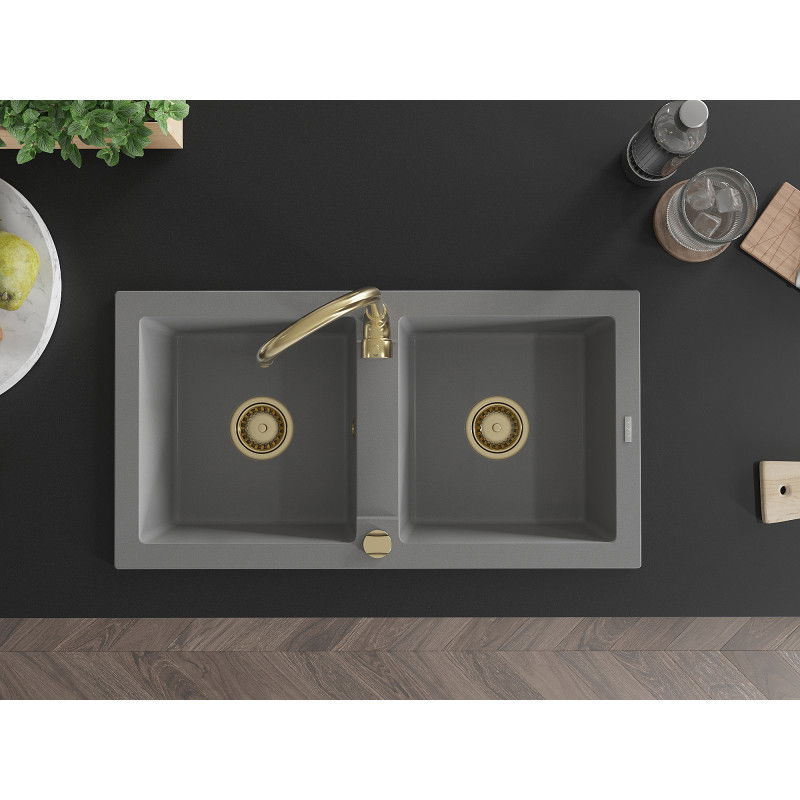 Mexen Mario zlewozmywak granitowy 2-komorowy 820 x 436 mm, szary, syfon złoty - 6504822000-71-G