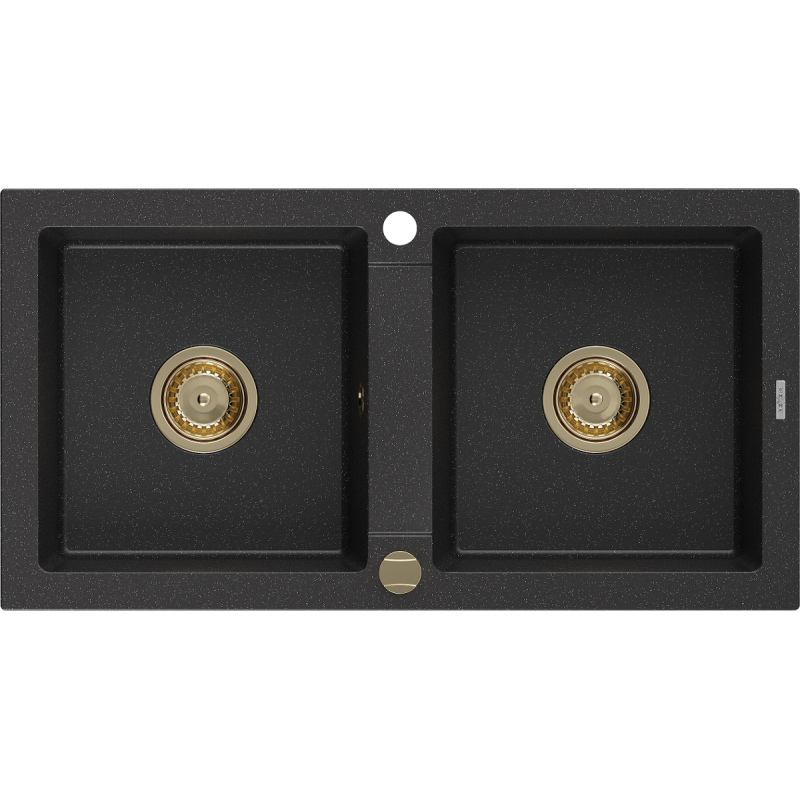 Mexen Mario zlewozmywak granitowy 2-komorowy 820 x 436 mm, czarny/srebrny metalik, syfon złoty - 6504822000-73-G