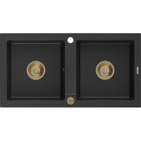 Mexen Mario zlewozmywak granitowy 2-komorowy 820 x 436 mm, czarny/srebrny metalik, syfon złoty - 6504822000-73-G
