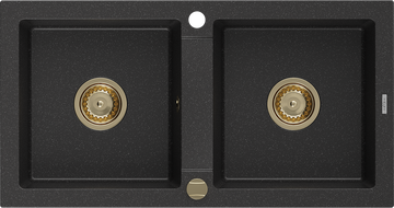 Mexen Mario zlewozmywak granitowy 2-komorowy 820 x 436 mm, czarny/srebrny metalik, syfon złoty - 6504822000-73-G