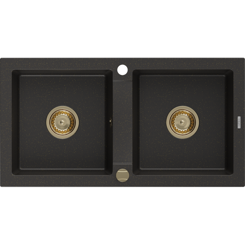Mexen Mario zlewozmywak granitowy 2-komorowy 820 x 436 mm, czarny/złoty metalik, syfon złoty - 6504822000-75-G