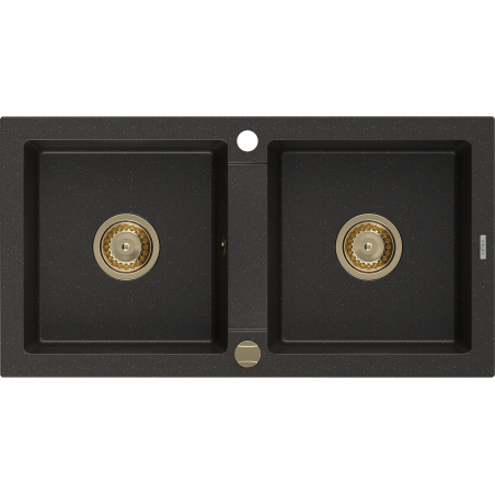 Mexen Mario zlewozmywak granitowy 2-komorowy 820 x 436 mm, czarny/złoty metalik, syfon złoty - 6504822000-75-G