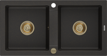 Mexen Mario zlewozmywak granitowy 2-komorowy 820 x 436 mm, czarny/złoty metalik, syfon złoty - 6504822000-75-G