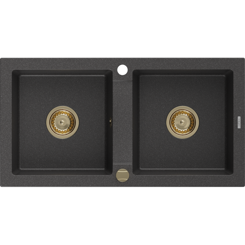 Mexen Mario zlewozmywak granitowy 2-komorowy 820 x 436 mm, czarny nakrapiany, syfon złoty - 6504822000-76-G