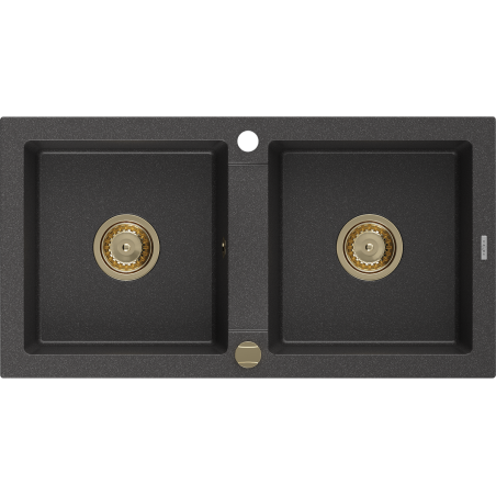 Mexen Mario zlewozmywak granitowy 2-komorowy 820 x 436 mm, czarny nakrapiany, syfon złoty - 6504822000-76-G