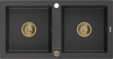 Mexen Mario zlewozmywak granitowy 2-komorowy 820 x 436 mm, czarny nakrapiany, syfon złoty - 6504822000-76-G