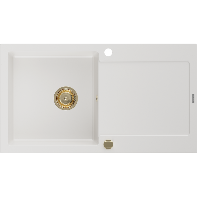 Mexen Leo zlewozmywak granitowy 1-komorowy z ociekaczem 900 x 500 mm, biały, syfon złoty - 6501901010-20-G