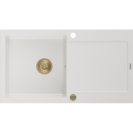 Mexen Leo zlewozmywak granitowy 1-komorowy z ociekaczem 900 x 500 mm, biały, syfon złoty - 6501901010-20-G
