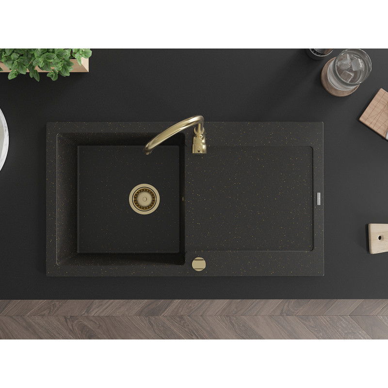 Mexen Leo zlewozmywak granitowy 1-komorowy z ociekaczem 900 x 500 mm, czarny/złoty metalik, syfon złoty - 6501901010-75-G