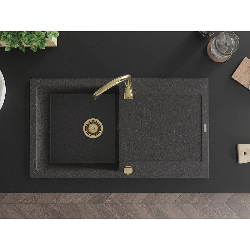Mexen Leo zlewozmywak granitowy 1-komorowy z ociekaczem 900 x 500 mm, czarny nakrapiany, syfon złoty - 6501901010-76-G