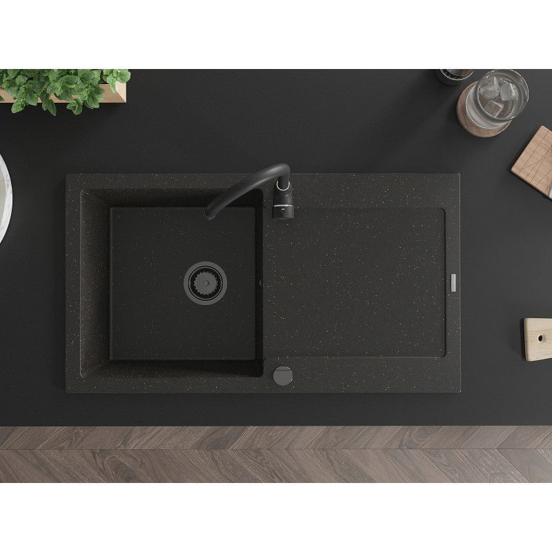 Mexen Leo zlewozmywak granitowy 1-komorowy z ociekaczem 900 x 500 mm, czarny/złoty metalik, syfon czarny - 6501901010-75-B