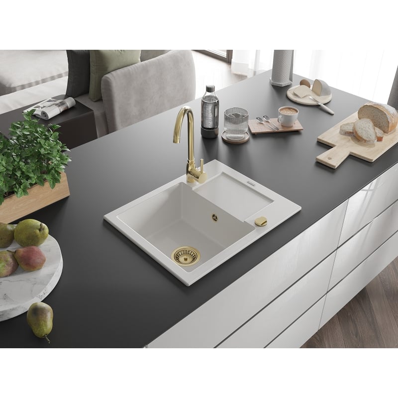 Mexen Enzo zlewozmywak granitowy 1-komorowy z ociekaczem 576 x 465 mm, biały, syfon złoty - 6506571005-20-G