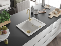 Mexen Enzo zlewozmywak granitowy 1-komorowy z ociekaczem 576 x 465 mm, biały, syfon złoty - 6506571005-20-G