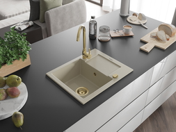 Mexen Enzo zlewozmywak granitowy 1-komorowy z ociekaczem 576 x 465 mm, beżowy, syfon złoty - 6506571005-69-G