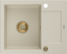 Mexen Enzo zlewozmywak granitowy 1-komorowy z ociekaczem 576 x 465 mm, beżowy, syfon złoty - 6506571005-69-G
